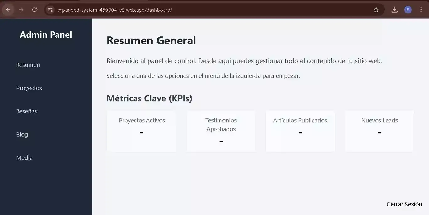 Captura de pantalla del panel de administración del sitio