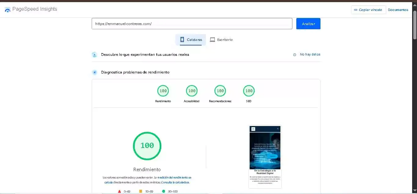 Captura de pantalla de Google PageSpeed Insights para móvil