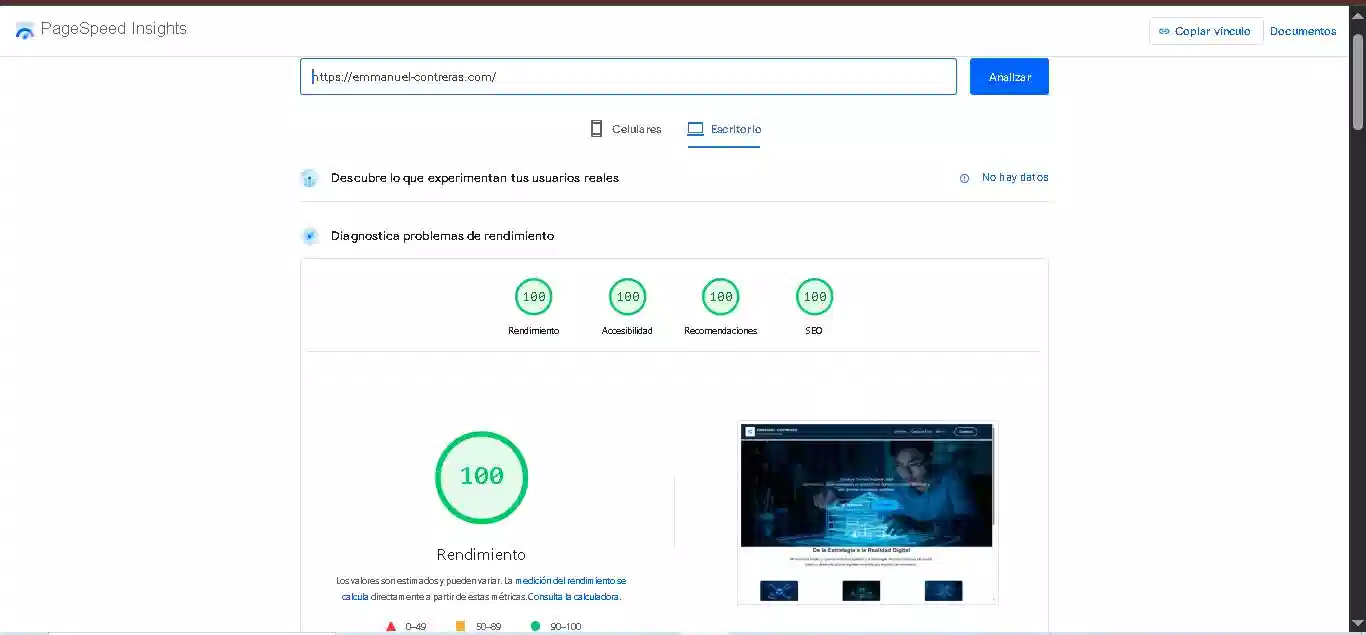 Captura de pantalla de Google PageSpeed Insights para escritorio